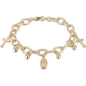 Cable Chain Rosary Bead Cross Virgin Mary Link Bracelet